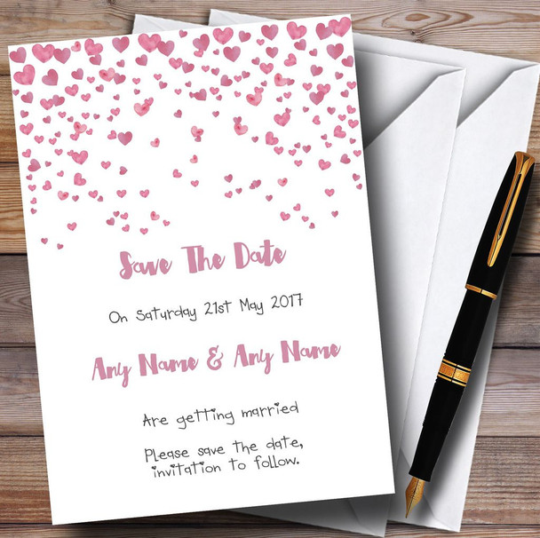 Pink Heart Confetti Personalized Wedding Save The Date Cards