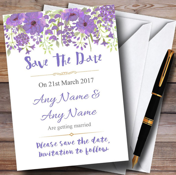 Watercolour Floral Purple Personalized Wedding Save The Date Cards