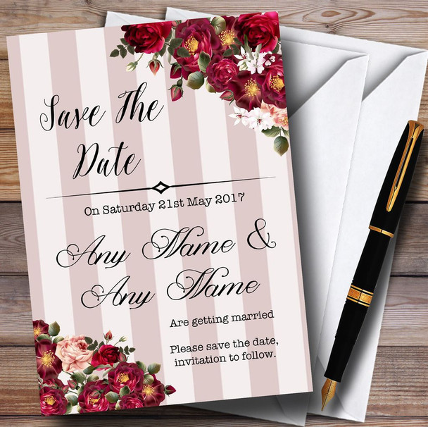 Red Rose & Stripes Vintage Personalized Wedding Save The Date Cards