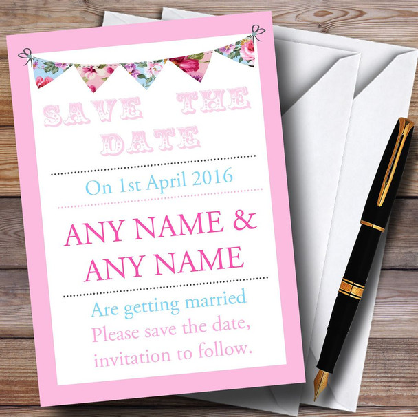 Pink Blue Bunting Shabby Chic Tea Garden Personalized Save The Date Cards