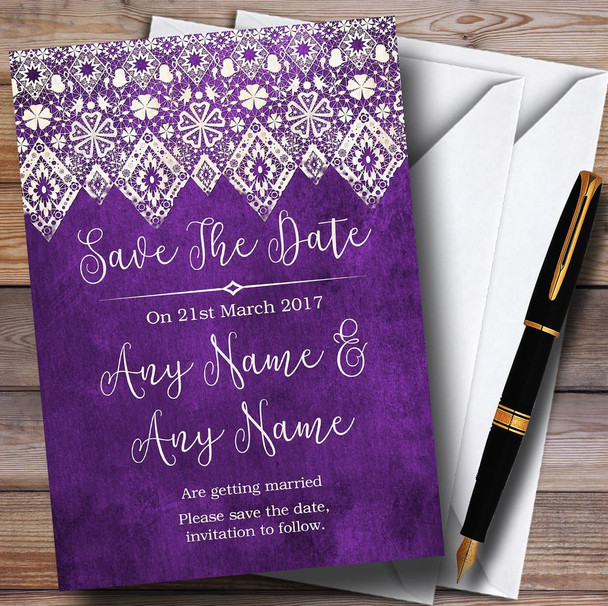 Cadbury Purple Old Paper & Lace Effect Personalized Save The Date Cards