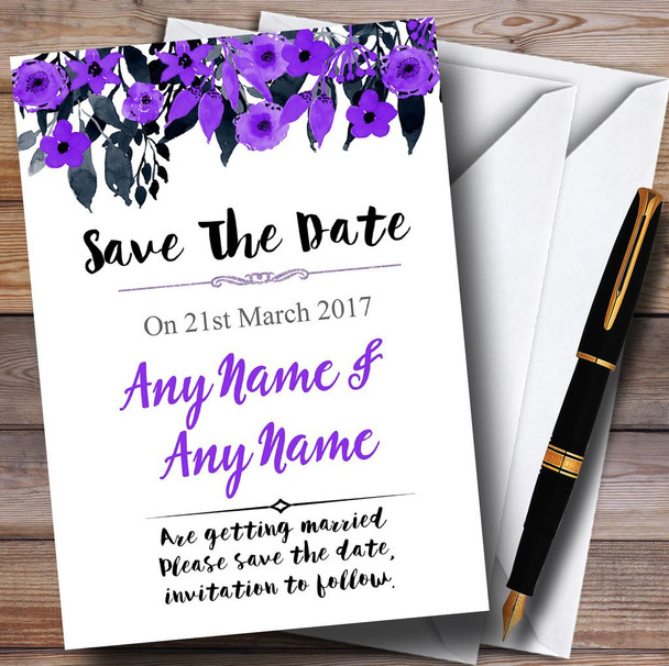 Watercolour Black & Purple Floral Header Personalized Save The Date Cards