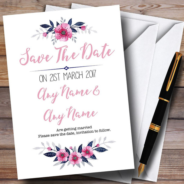 Navy Blue & Pink Subtle Floral Personalized Wedding Save The Date Cards