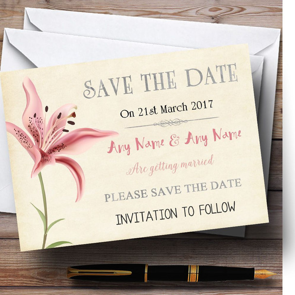 Coral Pink Lily Vintage Personalized Wedding Save The Date Cards