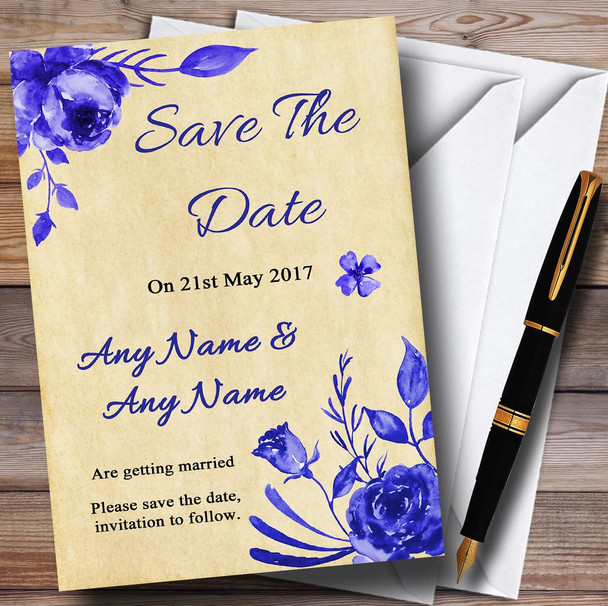 Vintage Blue & White Watercolour Floral Personalized Wedding Save The Date Cards