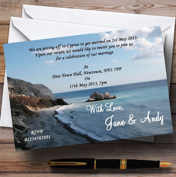 View Of A Cyprus Beach Jetting Off Abroad Personalized Wedding Invitations