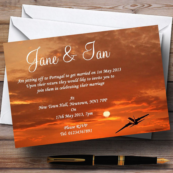 Plane In The Sky Sunset Jetting Off Abroad Personalized Wedding Invitations