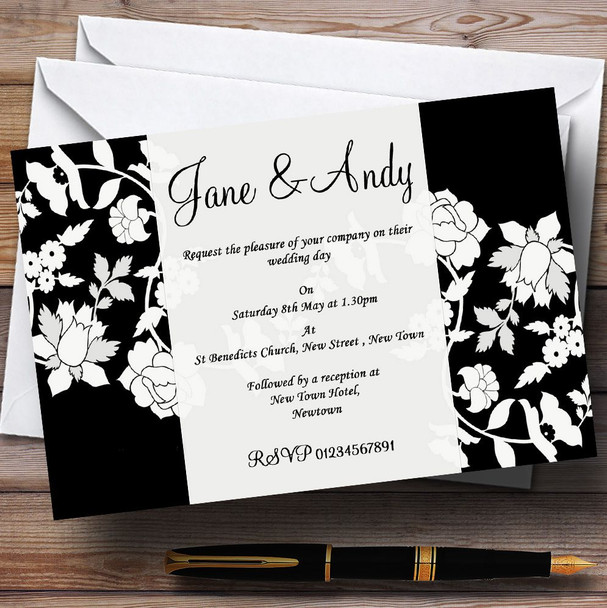 Black And White Floral Flower Personalized Wedding Invitations