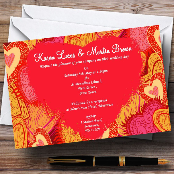 Orange Red And Pink Hearts Personalized Wedding Invitations
