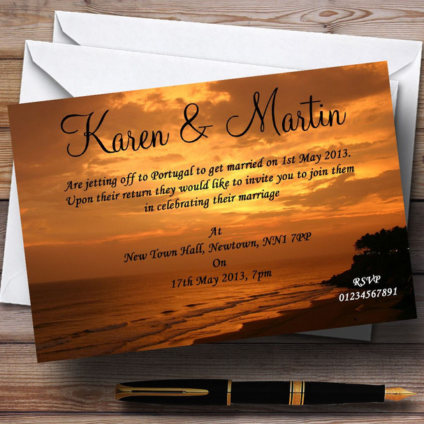 Lovely Beach At Sunset Jetting Off Abroad Personalized Wedding Invitations