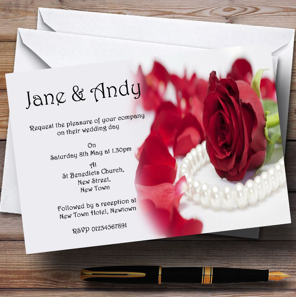 White Pearl Red Rose Personalized Wedding Invitations