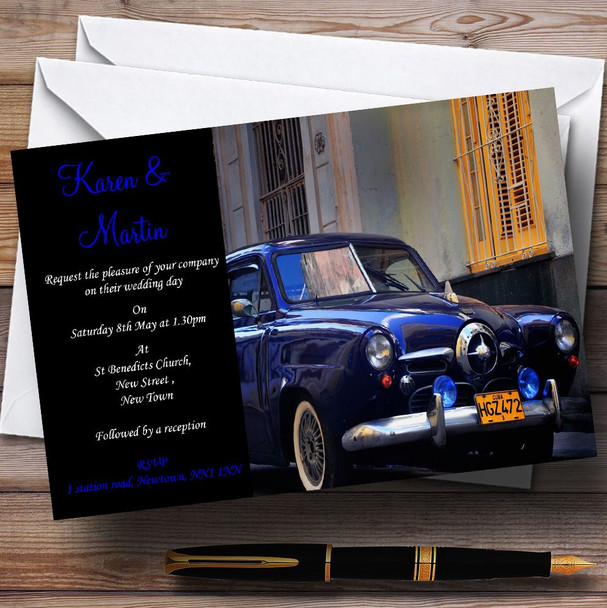 Cuba Blue Cuban Car Personalized Wedding Invitations