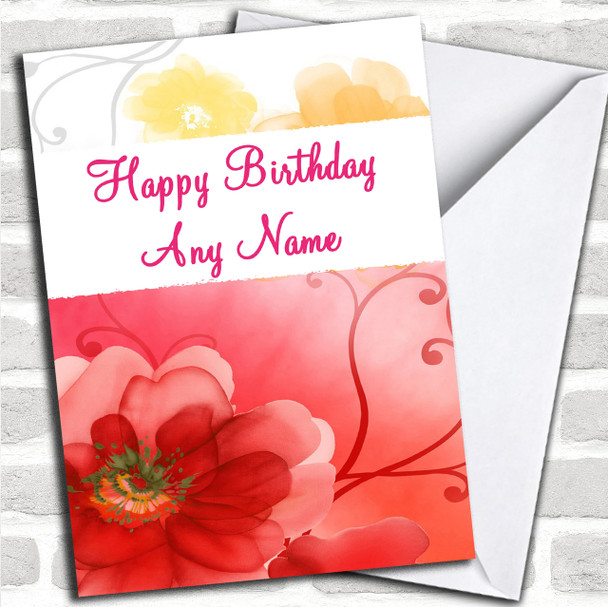 Flower Pattern Red Yellow Personalized Birthday Card