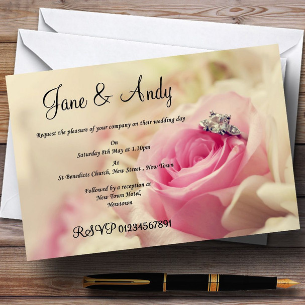 Stunning Pale Pink Rose & Diamond Personalized Wedding Invitations
