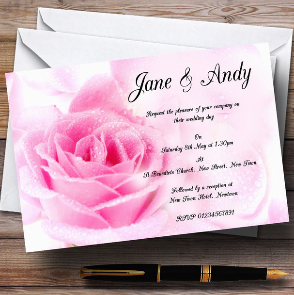 Pastel Pale Wet Pink Rose Personalized Wedding Invitations
