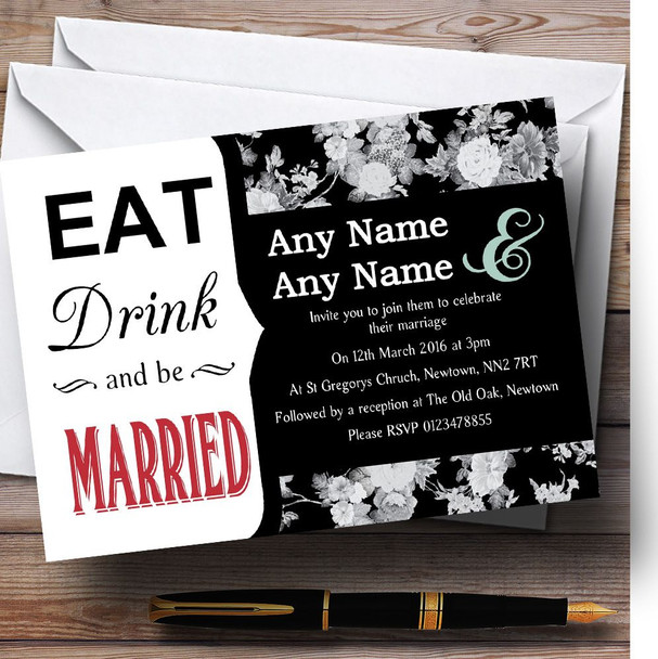 Eat Drink Vintage Floral Black Personalized Wedding Invitations