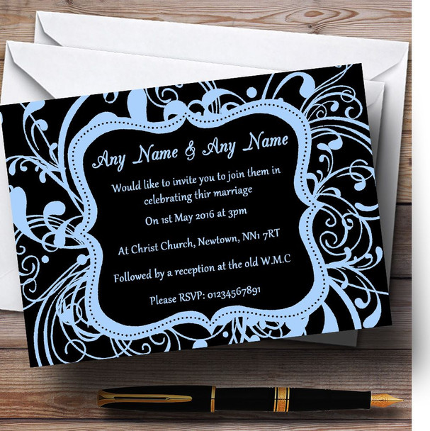 Black & Blue Swirl Deco Personalized Wedding Invitations