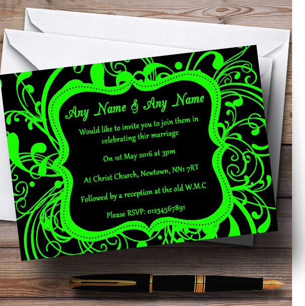 Black & Green Swirl Deco Personalized Wedding Invitations