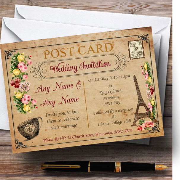 Vintage Paris Shabby Chic Postcard Personalized Wedding Invitations