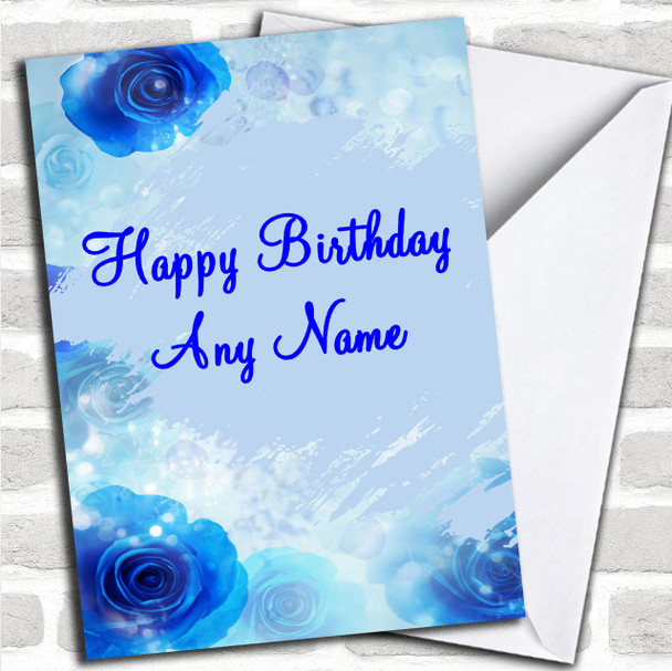 Blue Flowers & Swirls Pretty Personalized Birthday Card