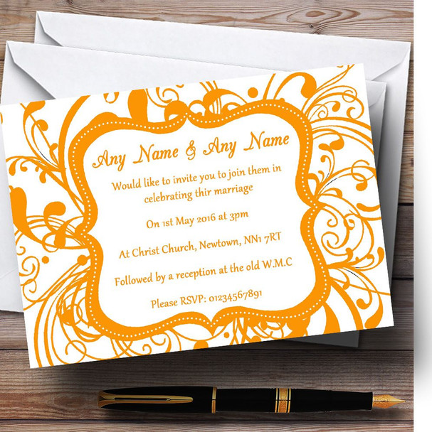 White & Orange Swirl Deco Personalized Wedding Invitations