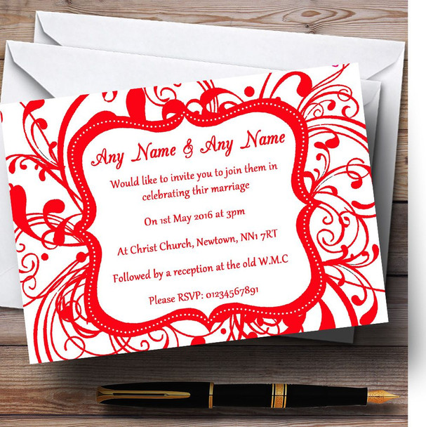 White & Red Swirl Deco Personalized Wedding Invitations