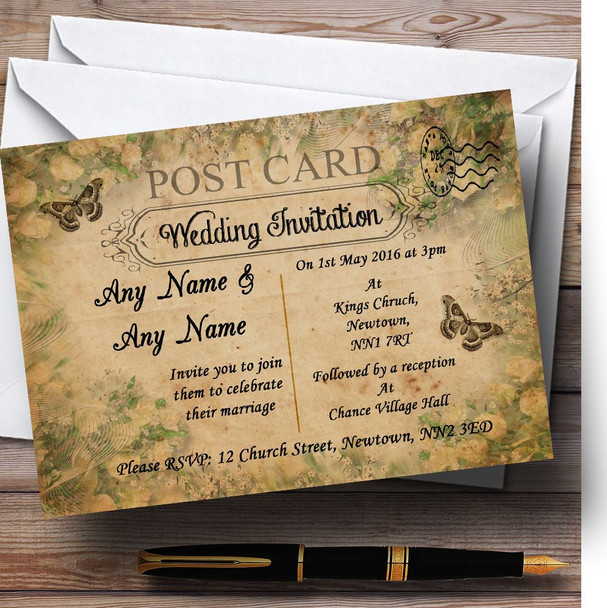 White Rose Vintage Shabby Chic Postcard Personalized Wedding Invitations