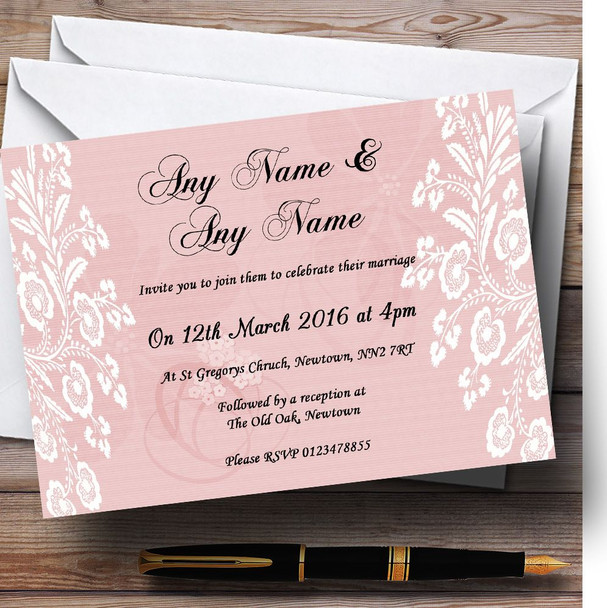 Vintage Lace Coral Pink Chic Personalized Wedding Invitations