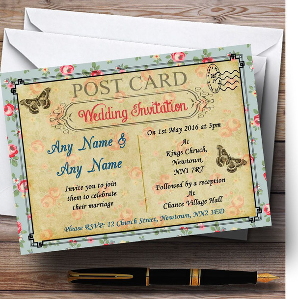 Blue Pink Floral Vintage Paris Shabby Chic Postcard Personalized Wedding Invitations