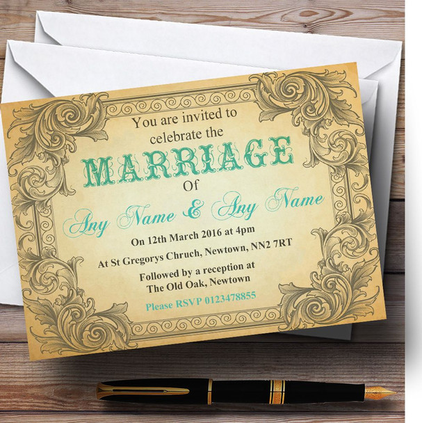 Typography Vintage Turquoise Postcard Personalized Wedding Invitations