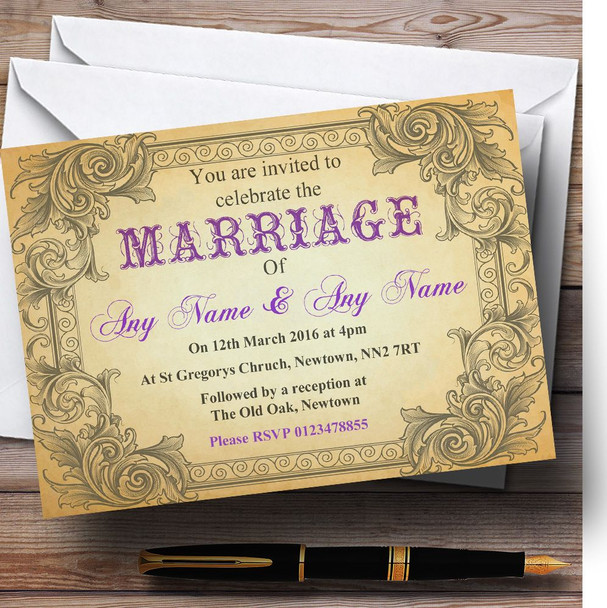 Typography Vintage Purple Postcard Personalized Wedding Invitations