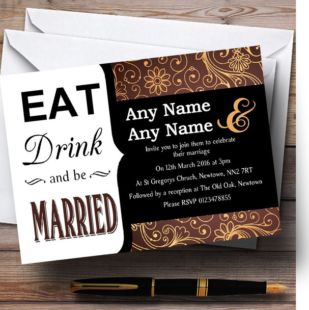 Eat Drink Brown And Orange Vintage Personalized Wedding Invitations