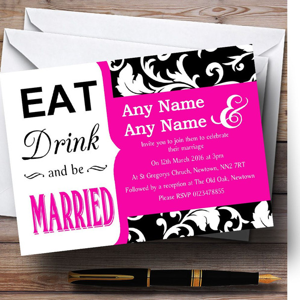 Eat Drink Damask Hot Pink Personalized Wedding Invitations