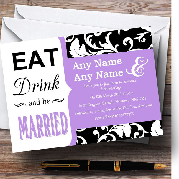 Eat Drink Damask Lilac Personalized Wedding Invitations