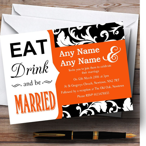 Eat Drink Damask Orange Personalized Wedding Invitations