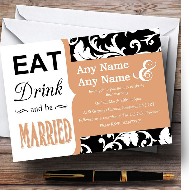 Eat Drink Damask Peach Coral Personalized Wedding Invitations