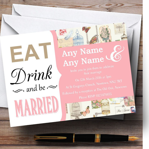 Pink Eat Drink Vintage Birdcage Personalized Wedding Invitations