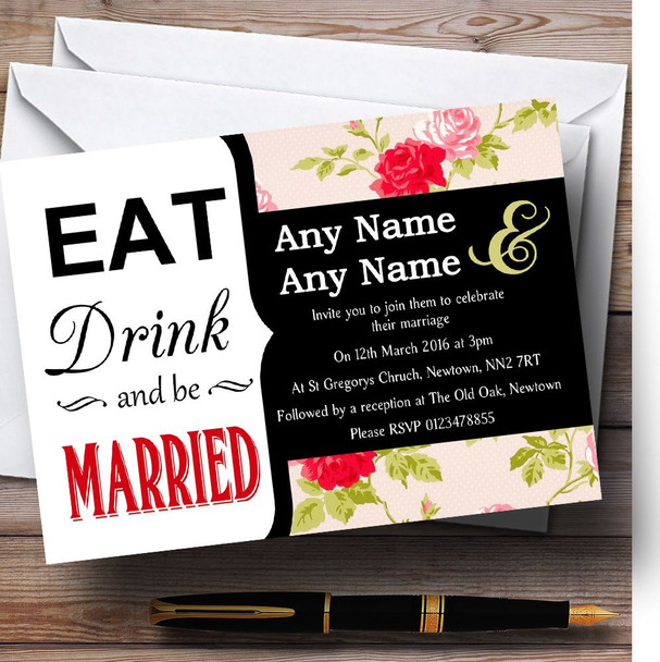 Eat Drink Pink Chintz Watercolour Flowers Personalized Wedding Invitations