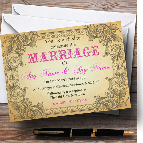 Typography Vintage Hot Pink Postcard Personalized Wedding Invitations