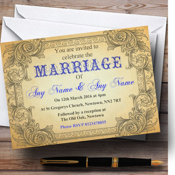 Typography Vintage Blue Postcard Personalized Wedding Invitations