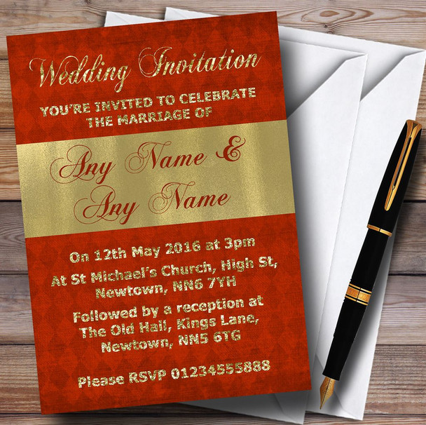 Burnt Orange And Glitter Look Gold Wedding Personalized Invitations