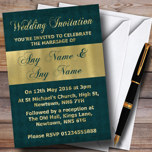 Dark Turquoise And Glitter Look Gold Wedding Personalized Invitations