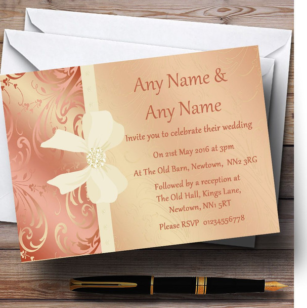 Cream Pale Coral Peach Pink Bow Wedding Personalized Invitations