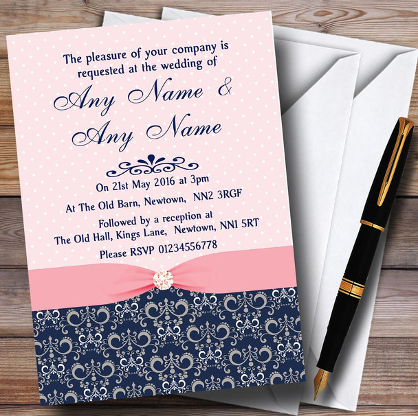 Dusky Coral Pink Vintage Diamond Bow Personalized Wedding Invitations