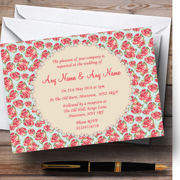 Blue And Coral Pink Floral Shabby Chic Chintz Personalized Wedding Invitations