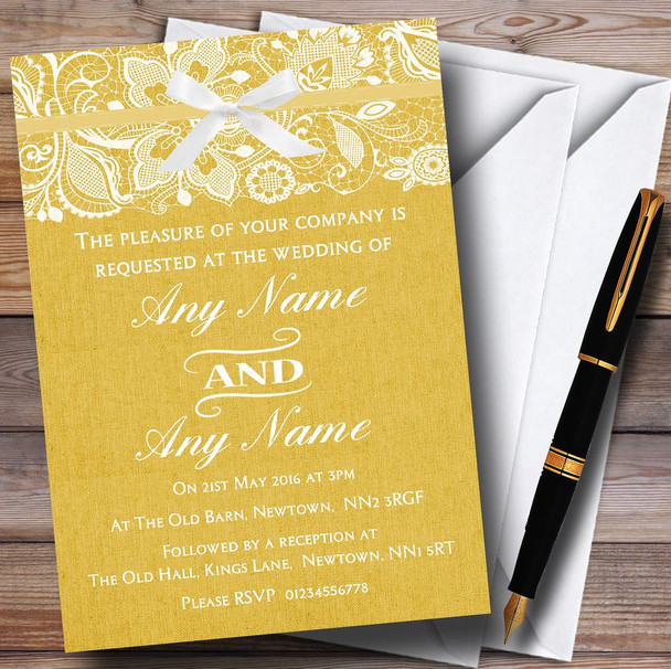 Vintage Golden Yellow Burlap & Lace Personalized Wedding Invitations