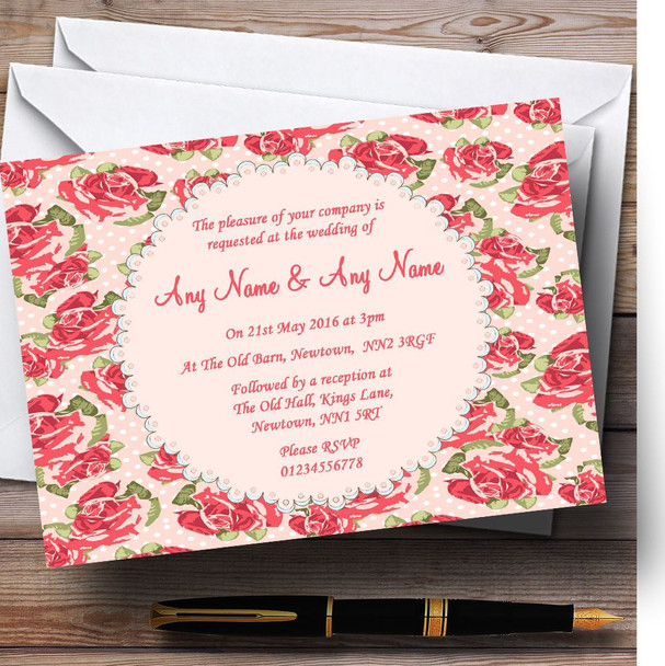 Coral Pink Floral Shabby Chic Chintz Personalized Wedding Invitations