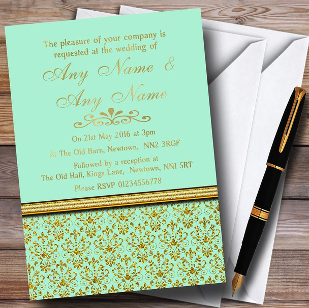 Mint Green & Gold Vintage Damask Personalized Wedding Invitations