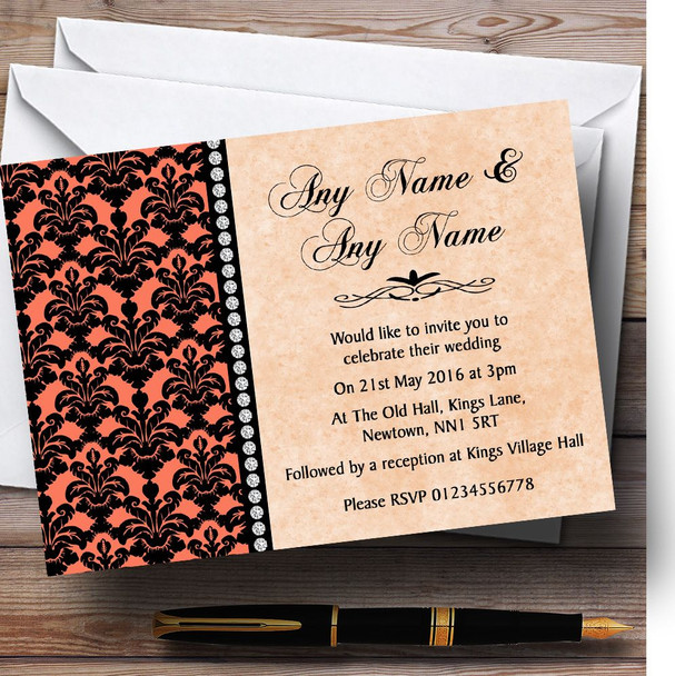 Coral Black Damask & Diamond Personalized Wedding Invitations