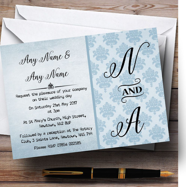 Vintage Damask Initials Powder Blue Personalized Wedding Invitations